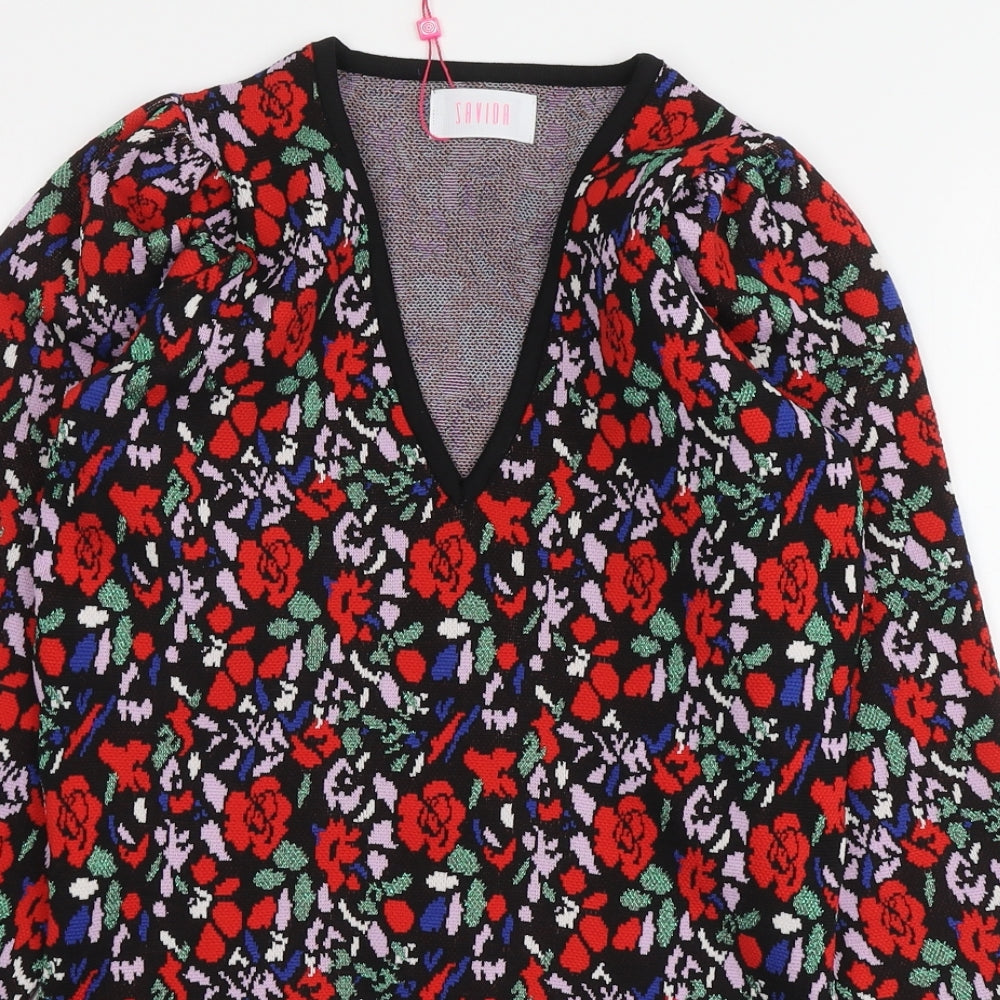 Savida Womens Multicoloured V-Neck Floral Polyester Pullover Jumper Size XS
