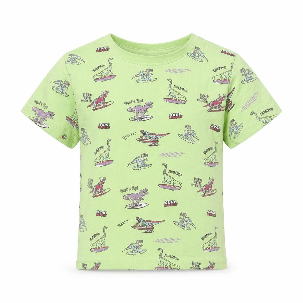 Primark Boys Green Cotton Basic T-Shirt Size 2-3 Years Round Neck Pullover - Dinosaur Print