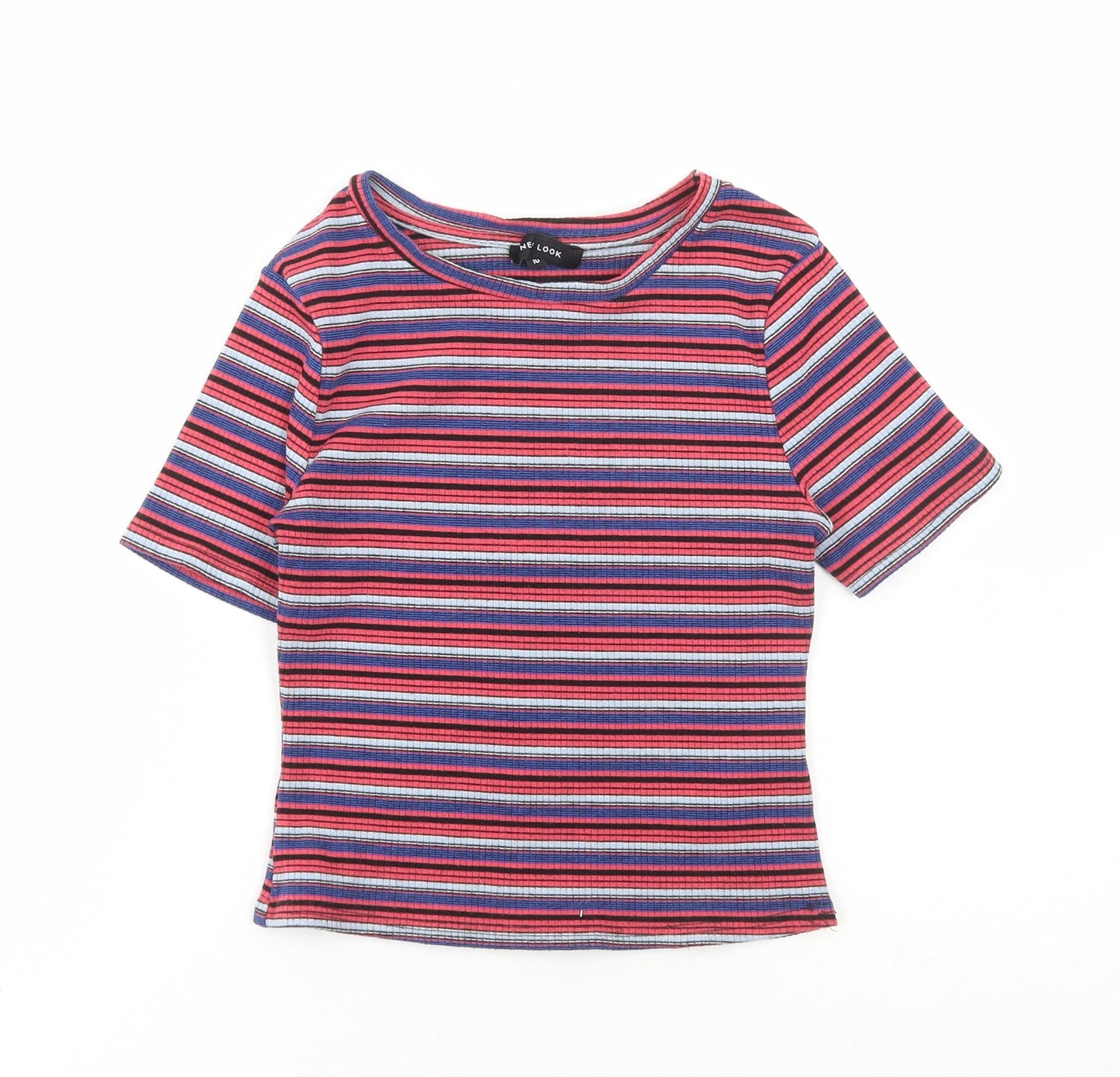 New Look Womens Multicoloured Striped Polyester Cropped T-Shirt Size 10 Boat Neck