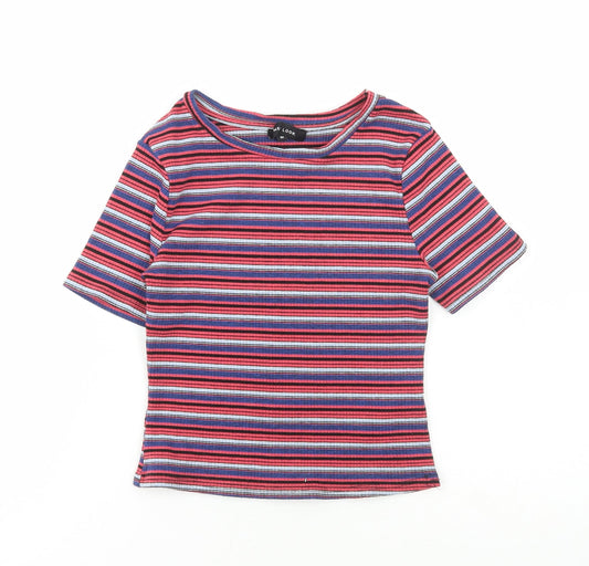 New Look Womens Multicoloured Striped Polyester Cropped T-Shirt Size 10 Boat Neck
