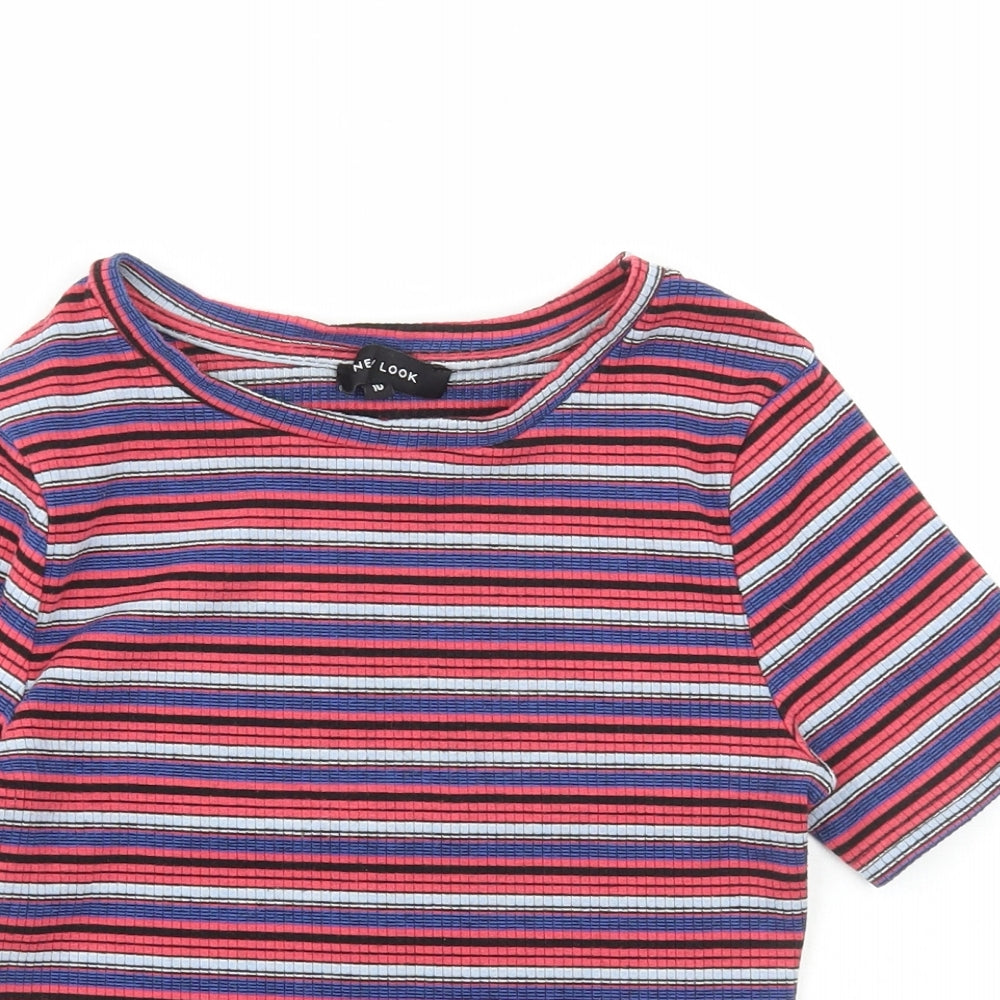 New Look Womens Multicoloured Striped Polyester Cropped T-Shirt Size 10 Boat Neck