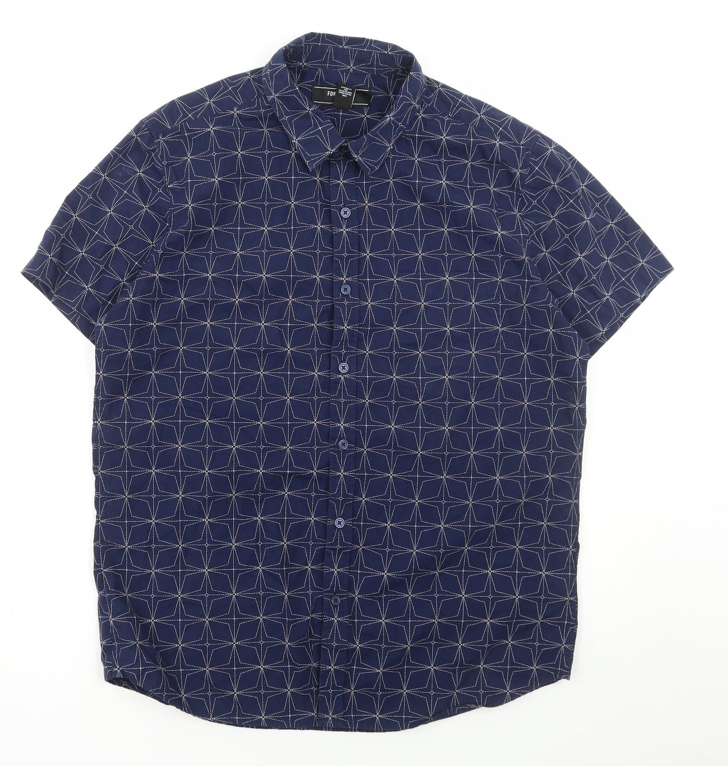 FOREVER 21 Mens Blue Geometric Cotton Button-Up Size L Collared Button