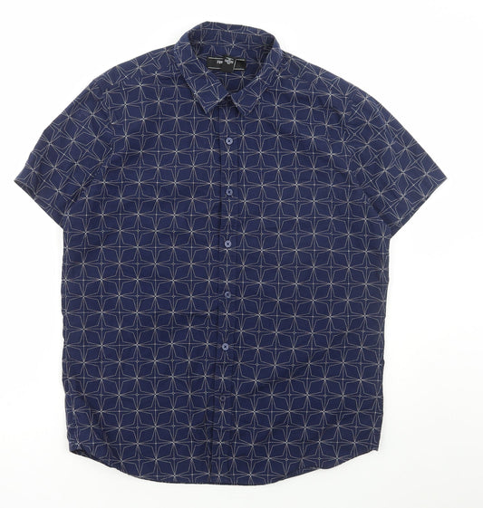 FOREVER 21 Mens Blue Geometric Cotton Button-Up Size L Collared Button
