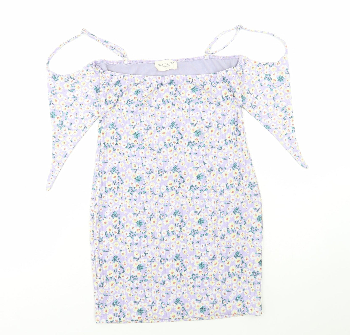 Kiss the Sky Womens Purple Floral Polyester Bodycon Size L Square Neck Pullover