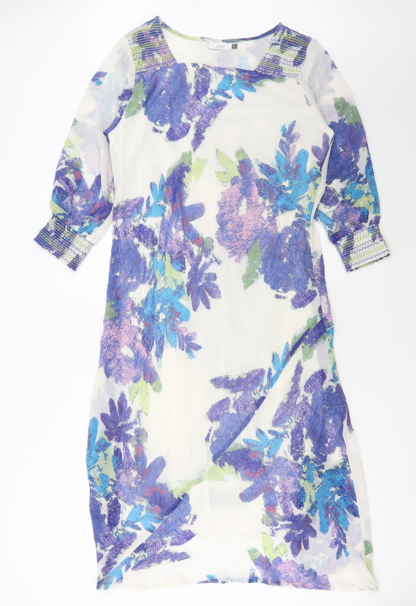 Adini Womens White Floral Polyester A-Line Size M Square Neck Pullover