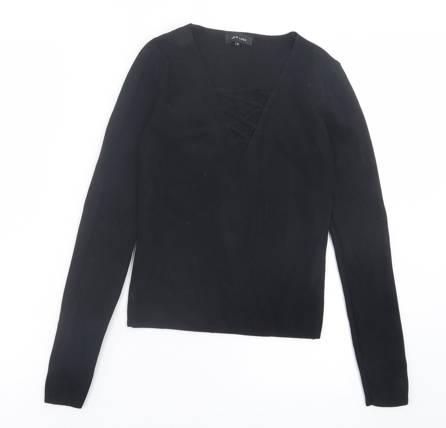 New Look Womens Black V-Neck Viscose Pullover Jumper Size 10 - Crossed Neckline