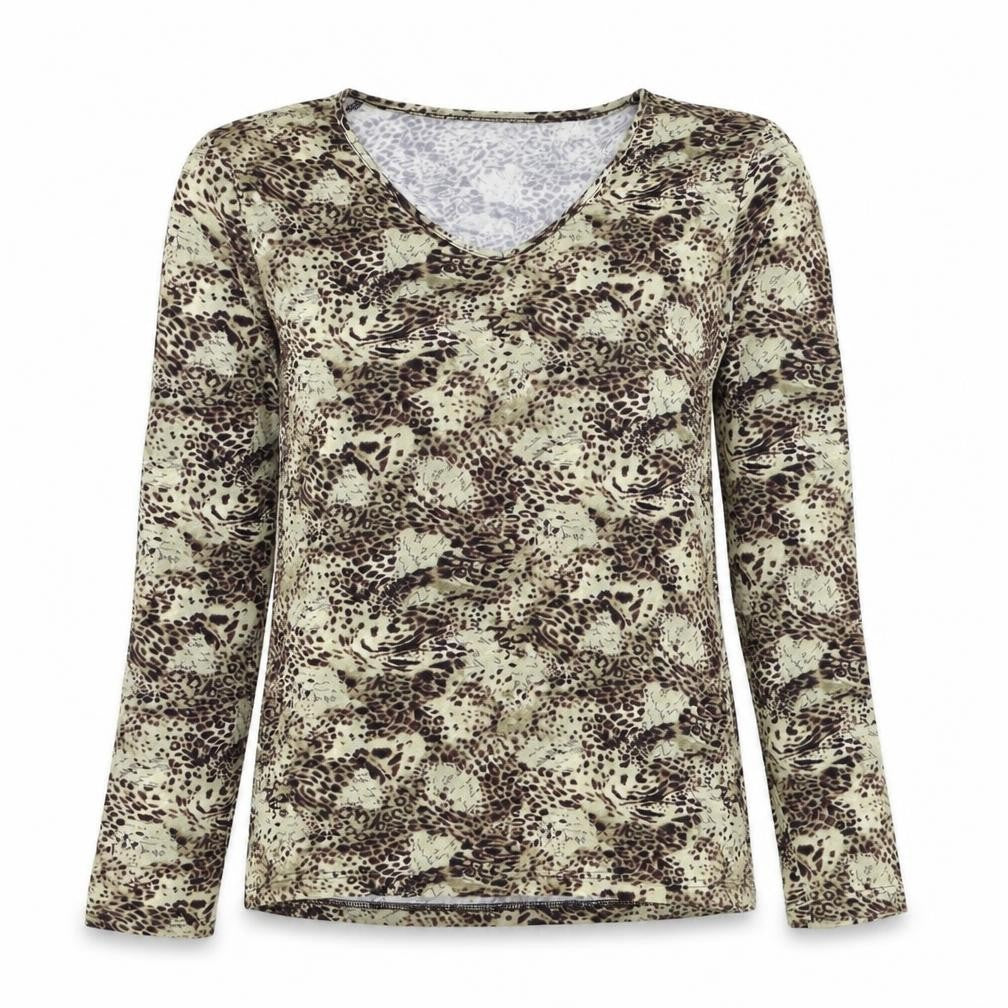 Affinites Womens Brown Animal Print Viscose Basic Blouse Size M V-Neck - Leopard Print