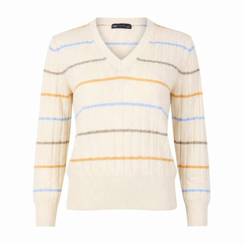 Marks & Spencer Womens Beige V-Neck Striped Viscose Pullover Jumper Size S