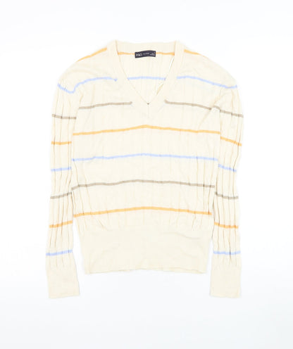 Marks & Spencer Womens Beige V-Neck Striped Viscose Pullover Jumper Size S