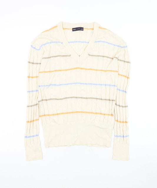 Marks and Spencer Womens Beige V-Neck Striped Viscose Pullover Jumper Size S