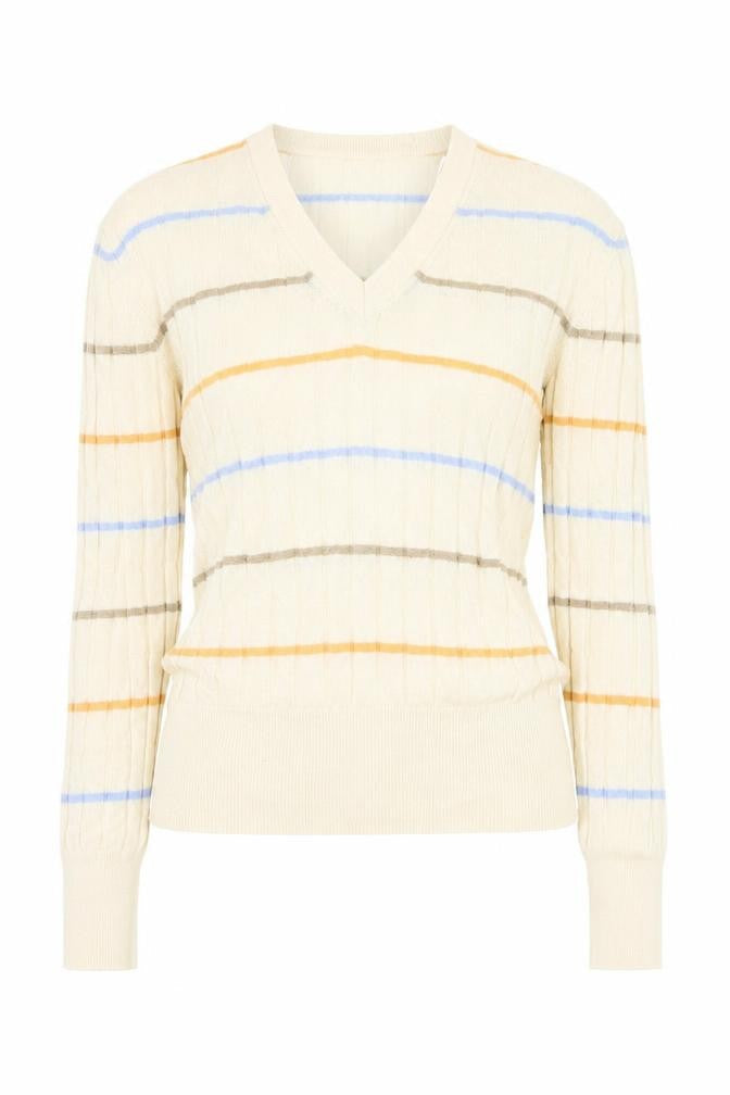 Marks & Spencer Womens Beige V-Neck Striped Viscose Pullover Jumper Size S