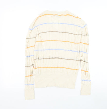 Marks & Spencer Womens Beige V-Neck Striped Viscose Pullover Jumper Size S