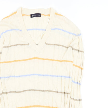 Marks & Spencer Womens Beige V-Neck Striped Viscose Pullover Jumper Size S