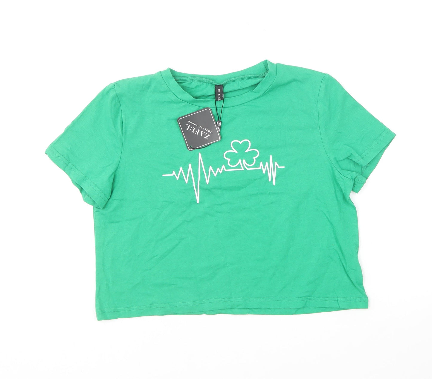 Zaful Womens Green Cotton Cropped T-Shirt Size S Round Neck