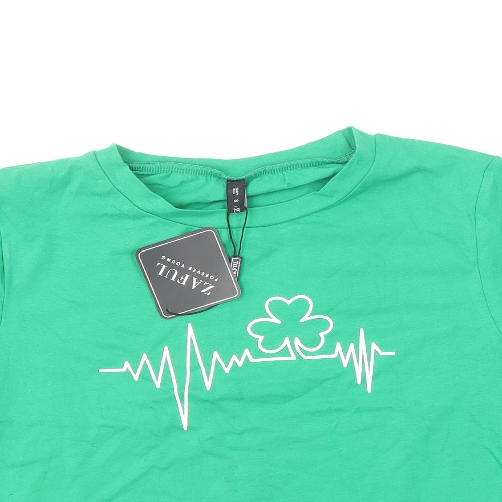 Zaful Womens Green Cotton Cropped T-Shirt Size S Round Neck
