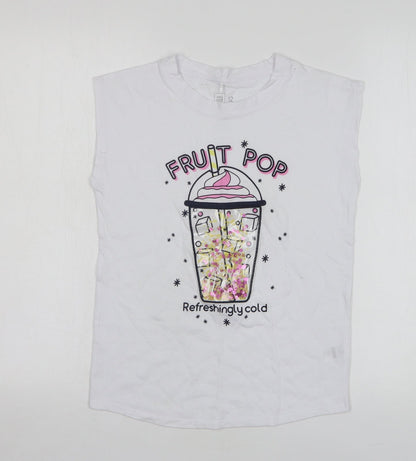 Clothing Co Girls White Cotton Basic Tank Size 12 Years Round Neck Pullover - Fruit Pop