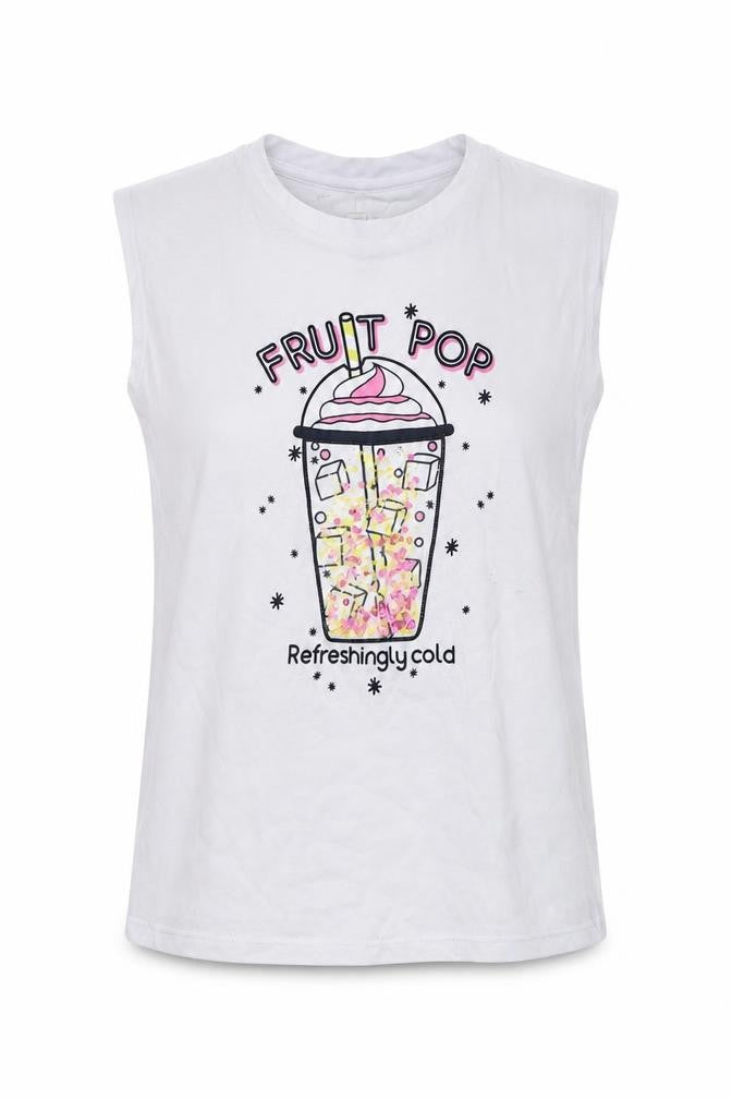 Clothing Co Girls White Cotton Basic Tank Size 12 Years Round Neck Pullover - Fruit Pop