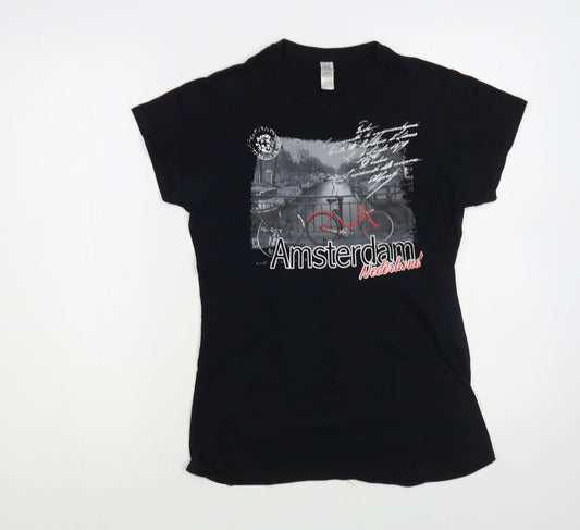 Gildan Womens Black Cotton Basic T-Shirt Size M Crew Neck - Amsterdam