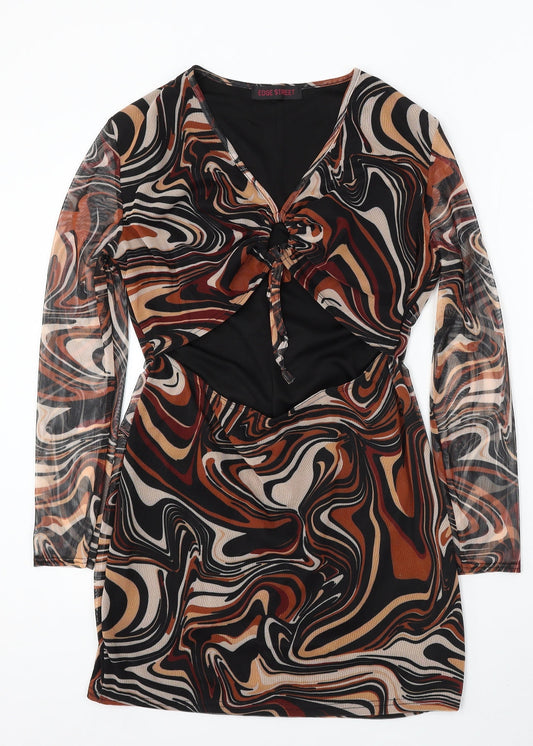 Edge Street Womens Brown Geometric Polyester Sheath Size 14 V-Neck - Tie Front