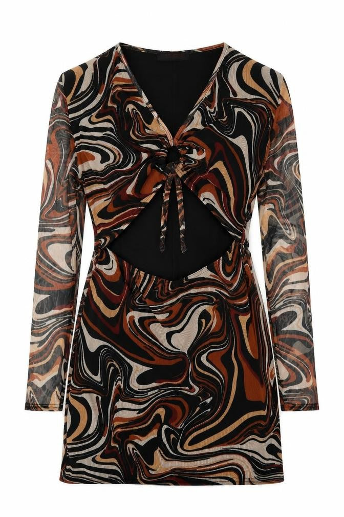 Edge Street Womens Brown Geometric Polyester Sheath Size 14 V-Neck - Tie Front