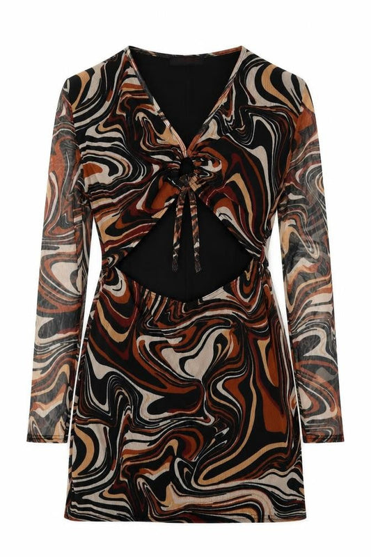 Edge Street Womens Brown Geometric Polyester Sheath Size 14 V-Neck - Tie Front