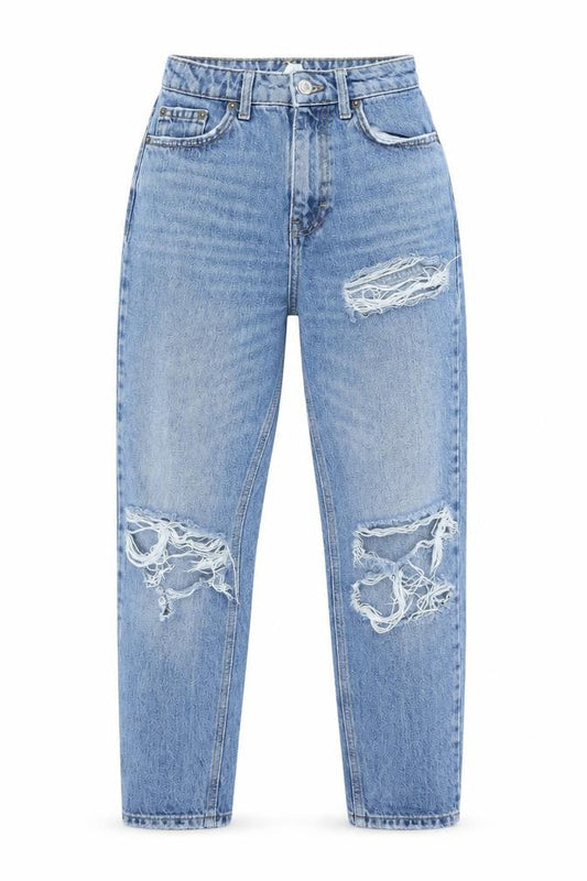Topshop Womens Blue Cotton Mom Jeans Size 25 in L25 in Regular Button - Ripped
