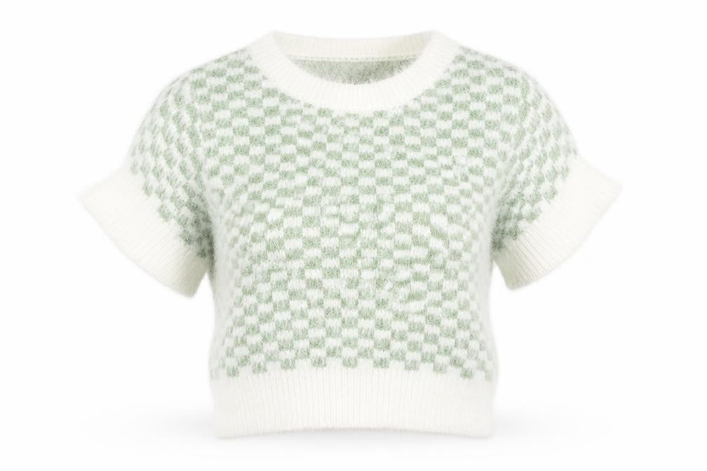 SheIn Womens Ivory High Neck Check Acrylic Pullover Jumper Size M - Cropped