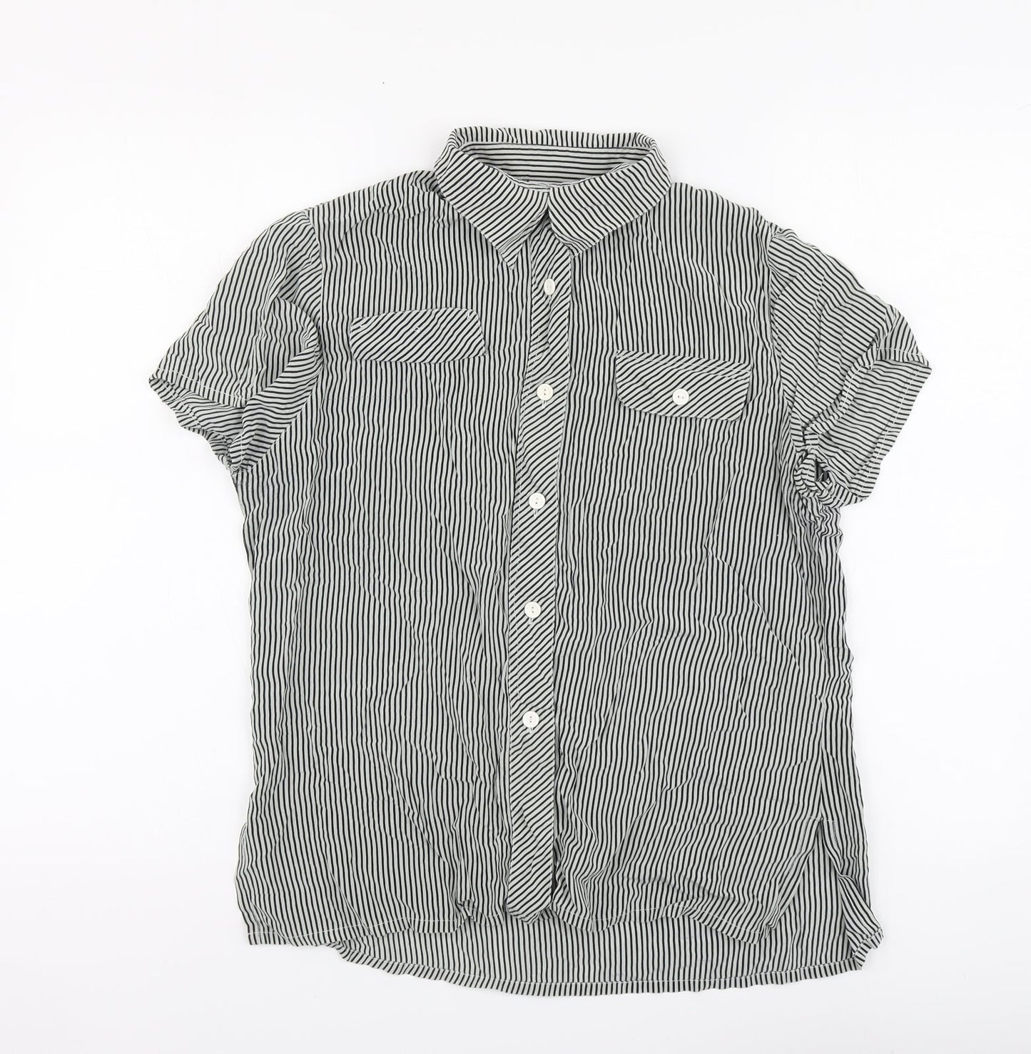 Cherie Womens Black Striped Polyester Basic Button-Up Size M Collared