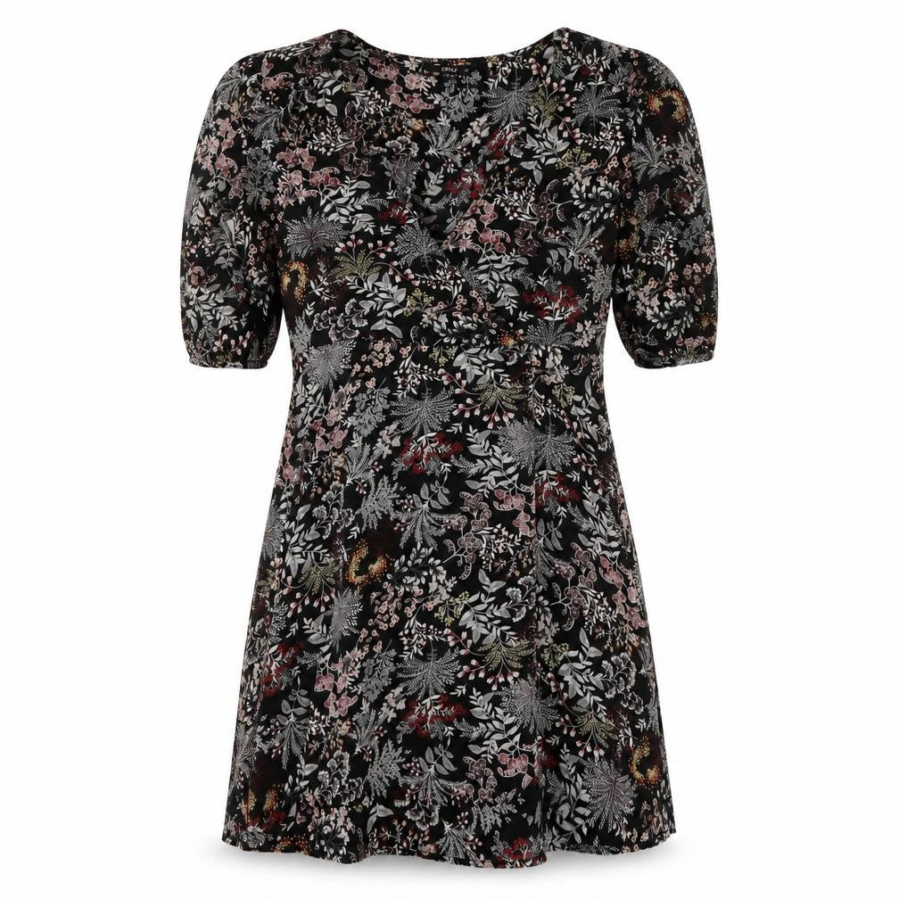 Only Womens Black Floral Polyester A-Line Size 10 V-Neck