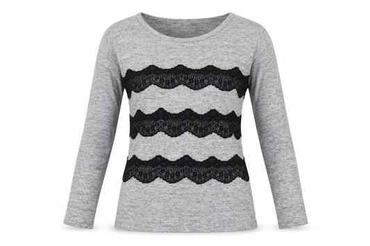 F&F Womens Grey Polyester Basic Blouse Size 8 Round Neck - Lace Detail