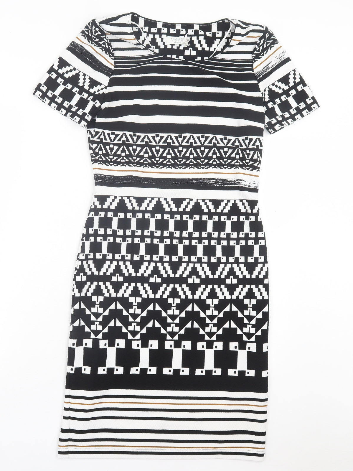 APANAGE Womens Black Geometric Polyester Pencil Dress Size 10 Crew Neck Pullover - Black, White & Gold