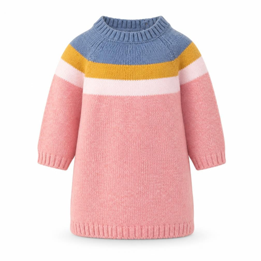 Marks & Spencer Girls Multicoloured Colourblock Cotton Jumper Dress Size 3-6 Months Round Neck Button