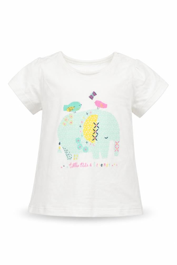 F&F Girls White Cotton Basic T-Shirt Size 12-18 Months Round Neck Pullover - Ellie The Elephant