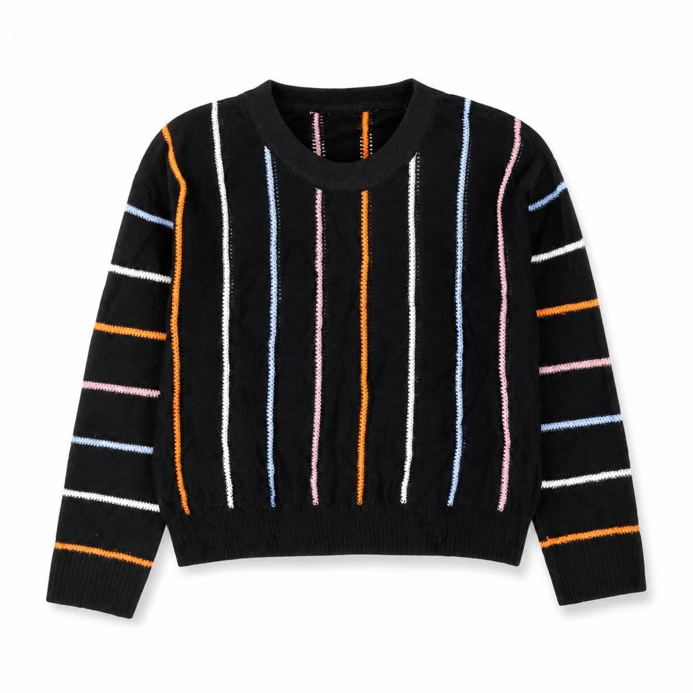 SheIn Girls Black Round Neck Striped Cotton Pullover Jumper Size 10 Years Pullover