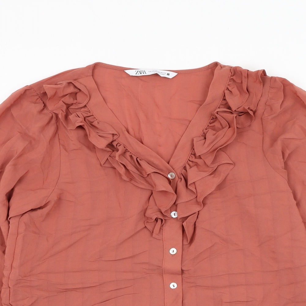 Zara Womens Pink Polyester Basic Button-Up Size XS V-Neck