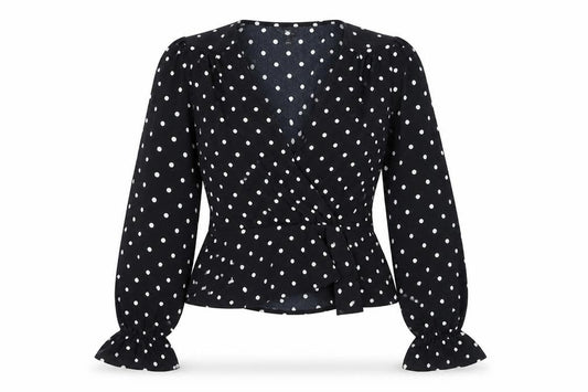 Miss Selfridge Womens Black Polka Dot Polyester Basic Blouse Size 8 V-Neck