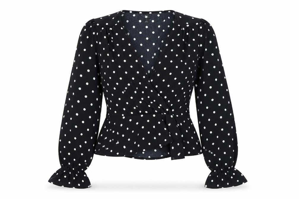Miss Selfridge Womens Black Polka Dot Polyester Basic Blouse Size 8 V-Neck