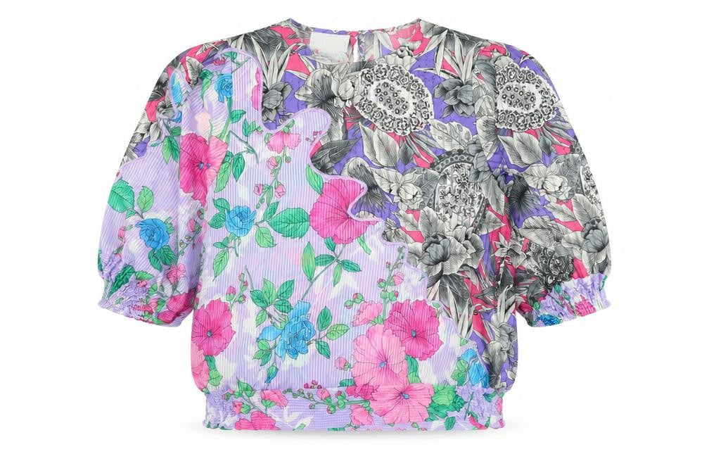 Nui Womens Purple Floral Polyester Basic Blouse Size L Round Neck