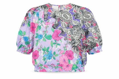 Nui Womens Purple Floral Polyester Basic Blouse Size L Round Neck