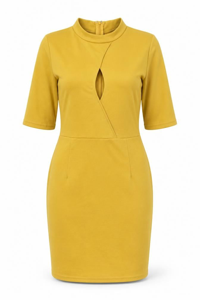 Preworn Womens Yellow Polyester Bodycon Size M Round Neck Zip