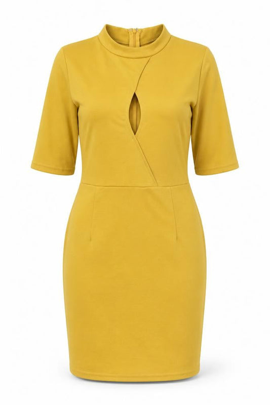 Womens Yellow Polyester Bodycon Size M Round Neck Zip