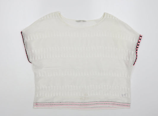 NEXT Womens White Geometric Polyester Cropped Blouse Size 12 Boat Neck