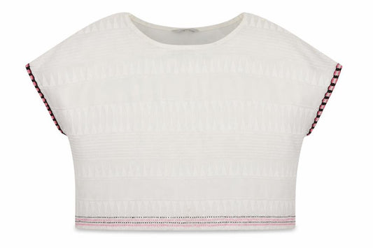 NEXT Womens White Geometric Polyester Cropped Blouse Size 12 Boat Neck