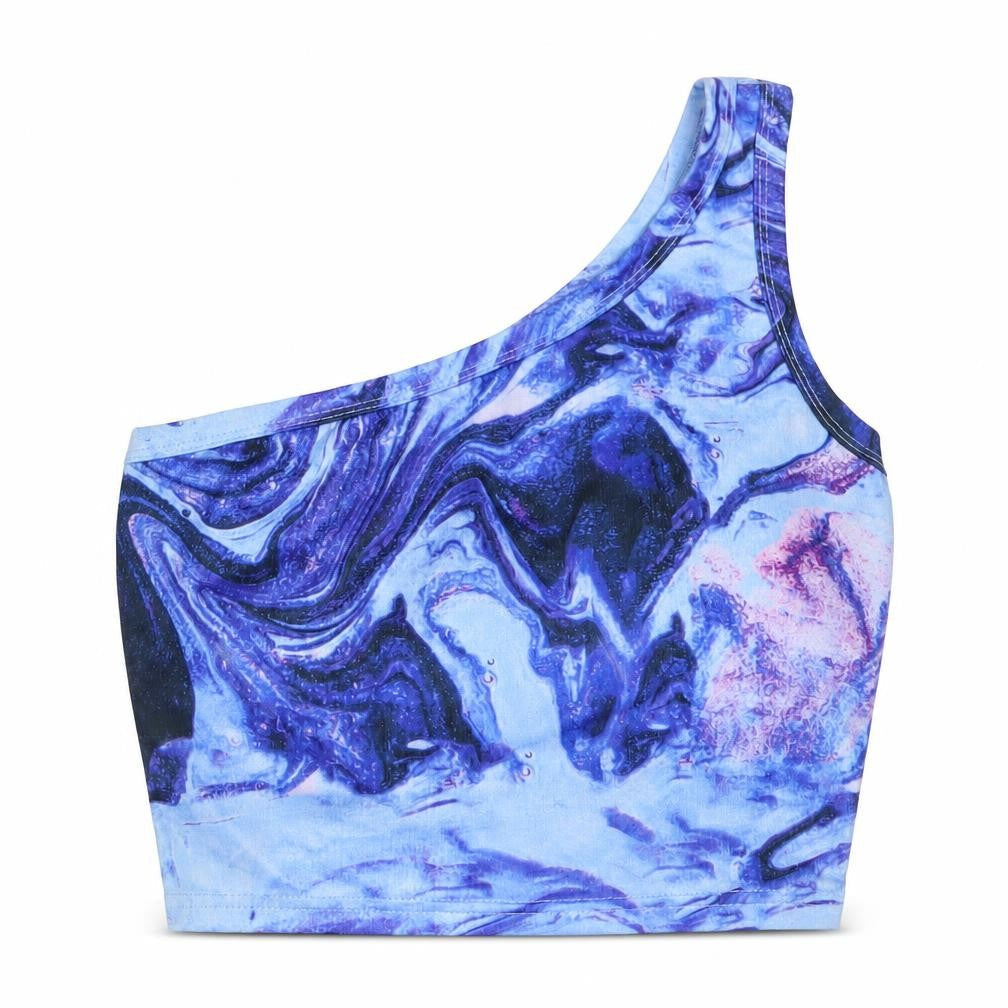 Shein Womens Blue Geometric Polyester Cropped Tank Size 6 One Shoulder - Marble Print