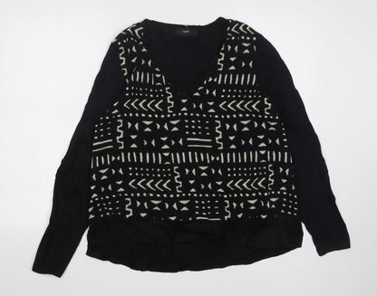 Next Womens Black V-Neck Geometric Cotton Pullover Jumper Size 12
