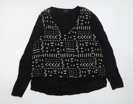 NEXT Womens Black V-Neck Geometric Cotton Pullover Jumper Size 12
