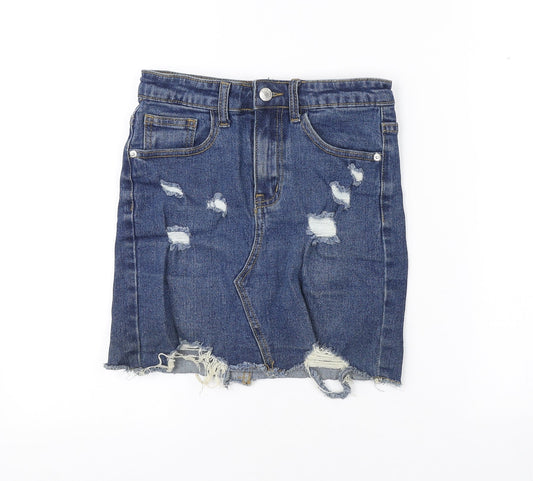 PRETTYLITTLETHING Womens Blue Cotton Mini Skirt Size 6 Button - Distressed look