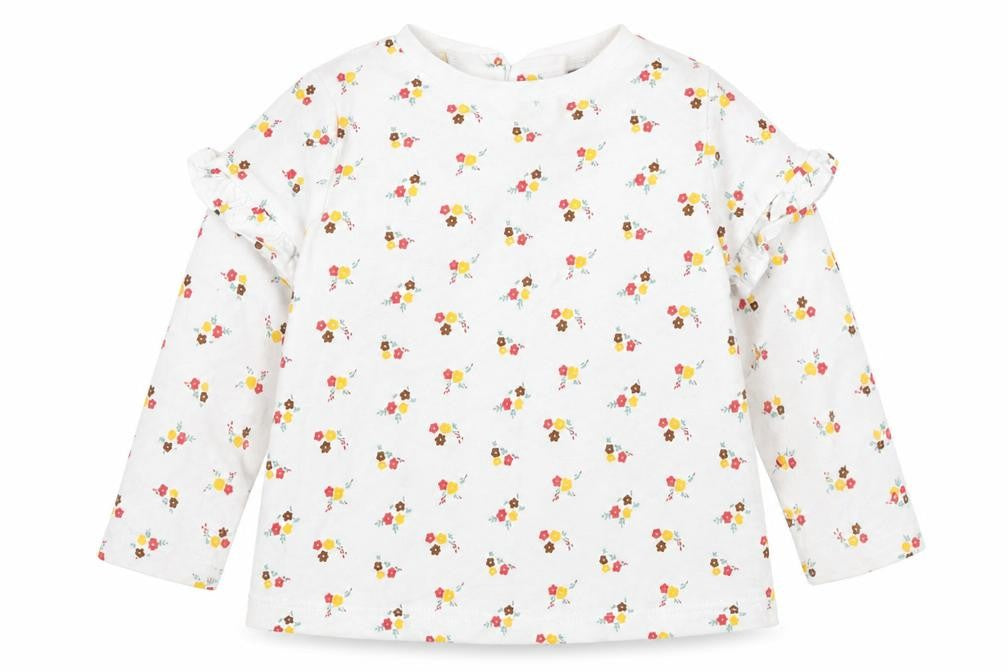 Dunnes Stores Girls White Floral Cotton Basic T-Shirt Size 9-12 Months Round Neck Button