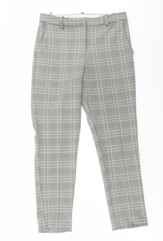 H&M Womens Grey Check Polyester Trousers Size 10 L27 in Regular Hook & Loop