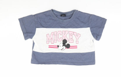 Preloved Primark Girls Grey Polyester Cropped T-Shirt Size 7-8 Years Crew Neck Pullover - Mickey Mouse - Front